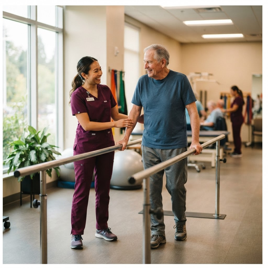 A physical therapist in wine-colored scrubs helping an older adult patient walk using parallel bars in a bright rehabilitation gym.