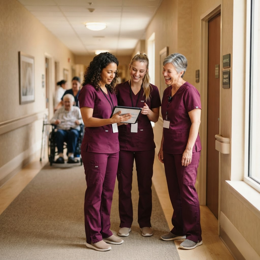A rehabilitation therapy team in wine-colored scrubs collaborating over a tablet in a sunlit facility hallway.